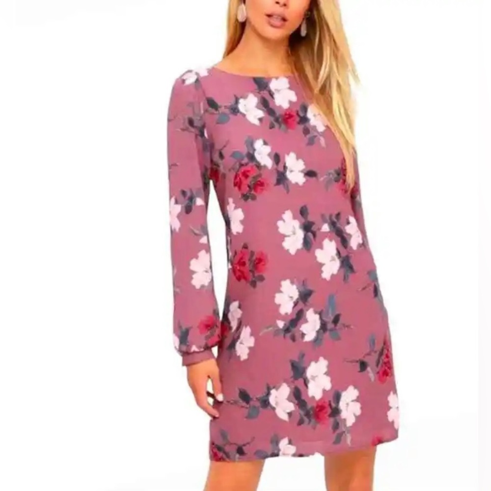Lulus Rosalinda Mauve Print Long Sleeve Shift Dress